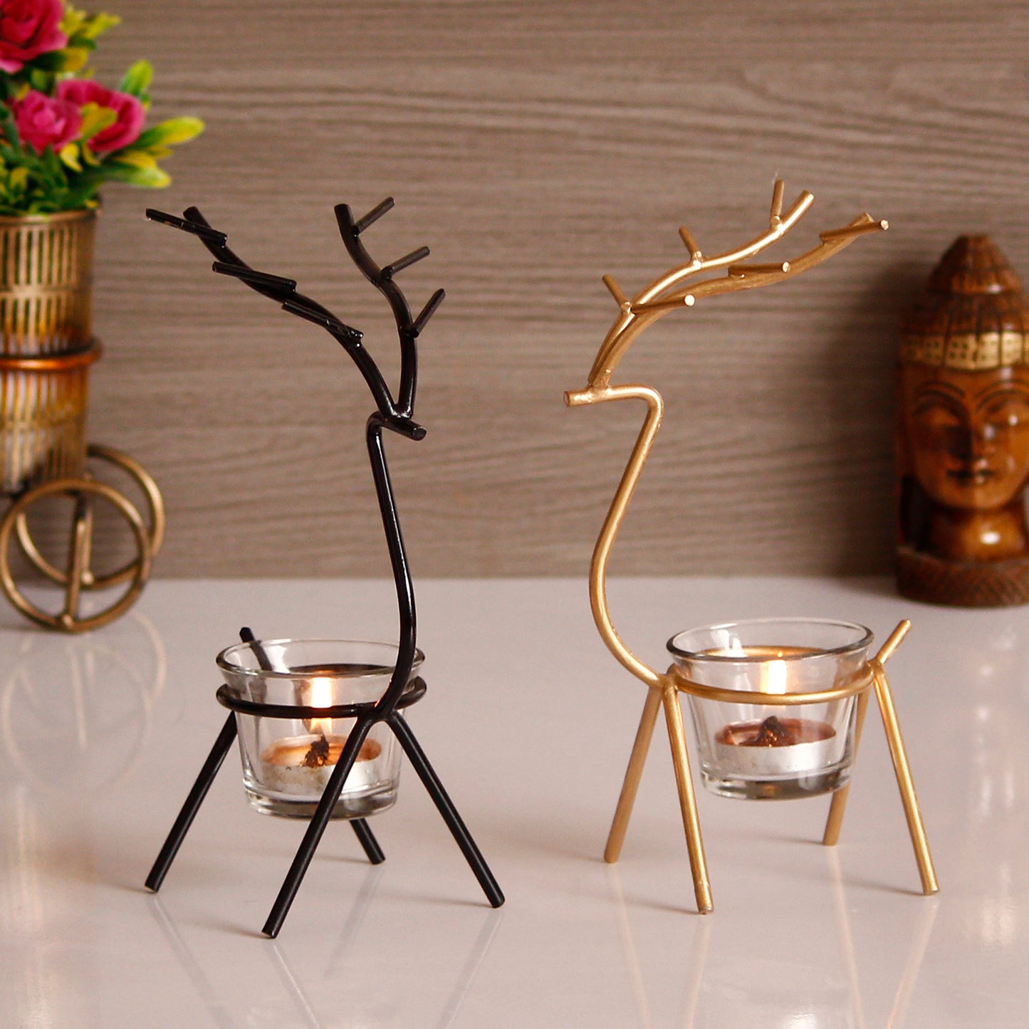 Deer Shape Decorative Handcrafted Metal Candle Holder (Set of 2)